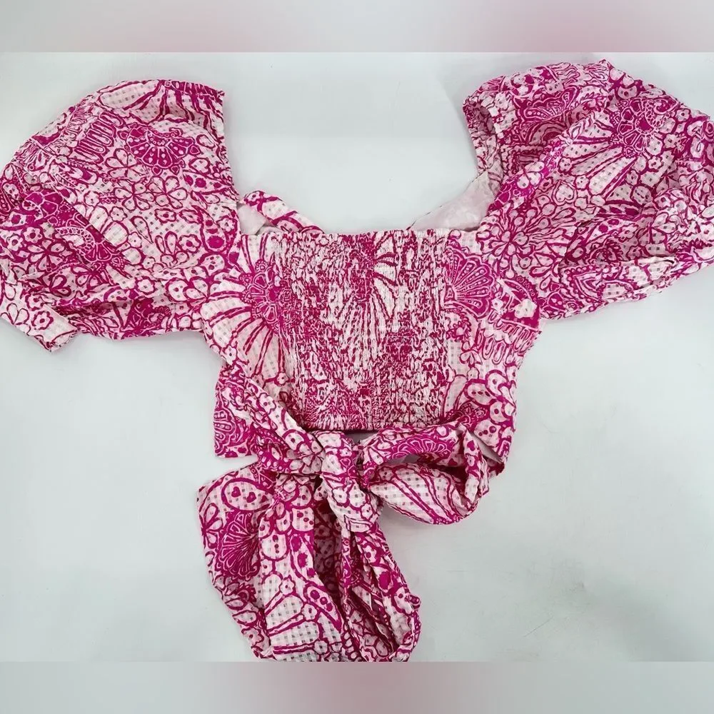 Anthropologie Pink & White Printed Puff-Sleeve Cropped Top